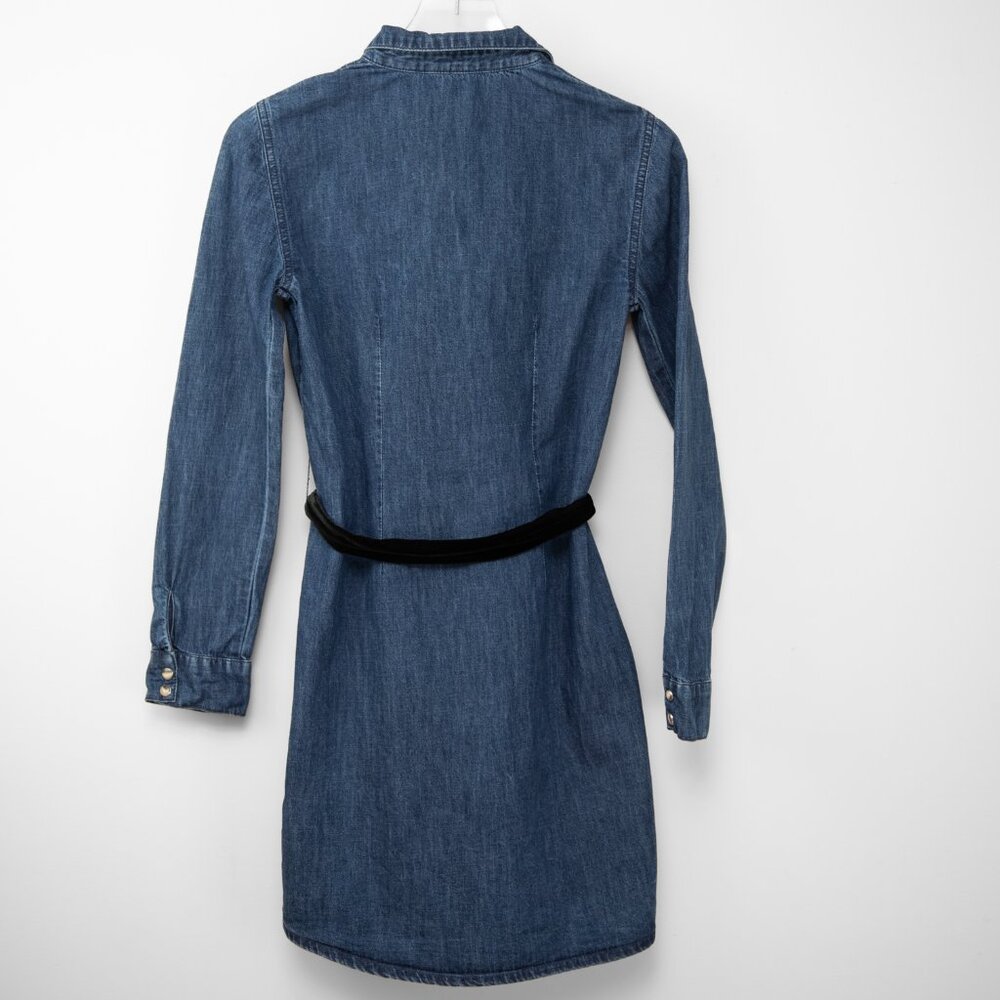 Maje Ralexa Denim Shirt Dress Velvet Belt Snap Front Blue Size 1 Small - Picture 8 of 9